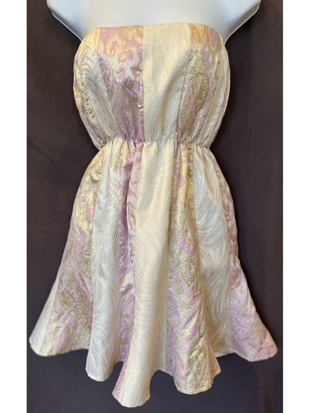 VTG y2k Prom HOCO Princess Fairy Pink Gold Metallic Silk Party Mini Dress SZ S